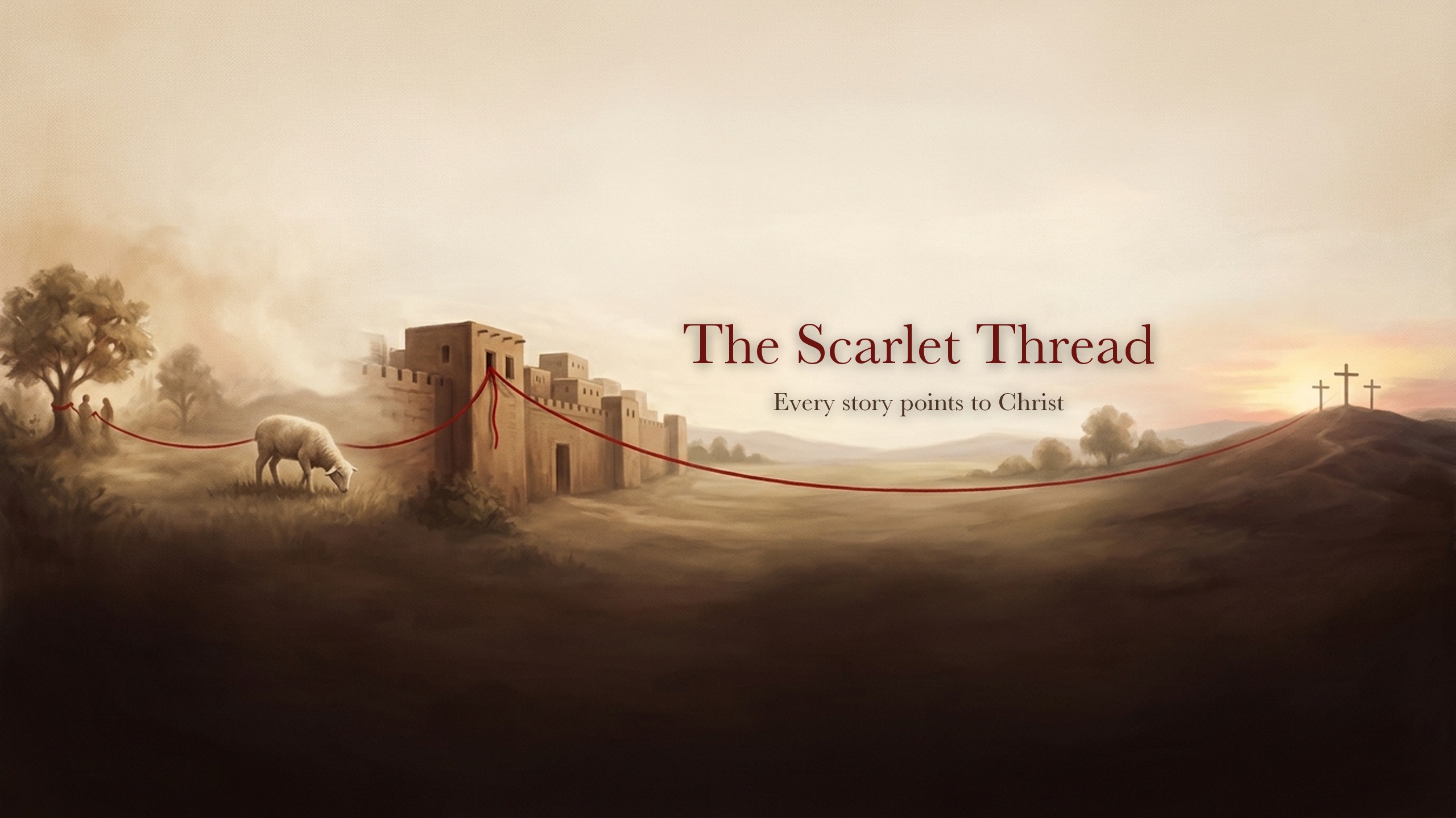A scarlet thread running from a window in a city wall, past a grazing lamb, across open country to three crosses on a hill at sunrise.
